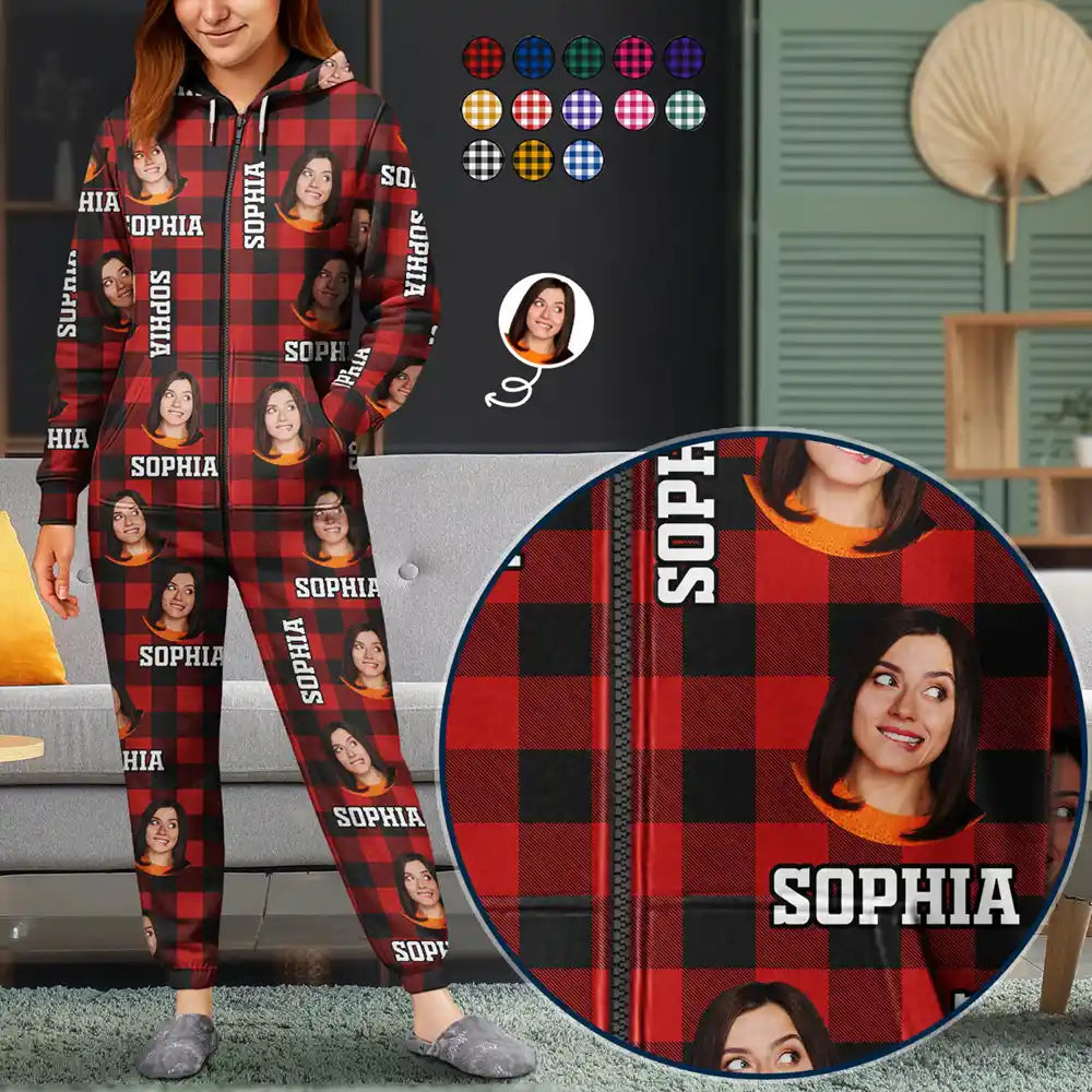 Custom Photo Family Plaid Pattern - Personalized Overall Onesie Hooded Jumpsuit
