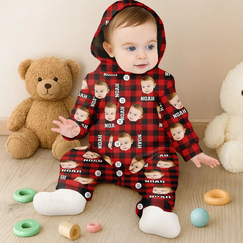 Family,Parents,Gift For Kids,Happy,Custom Photo - Custom Photo Family Plaid Pattern - Personalized Overall Onesie Hooded Jumpsuit