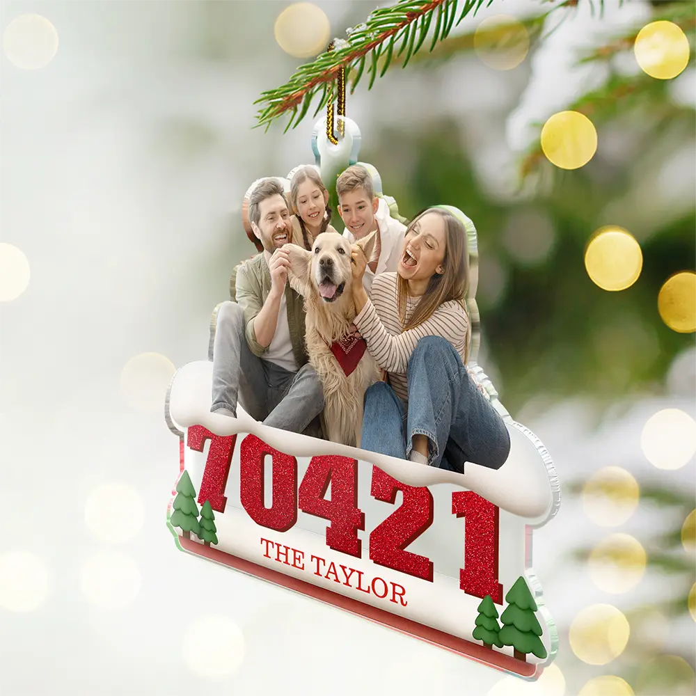 Family,Custom Photo,Christmas - Custom Photo Family Sitting On Snow Zip Code - Personalized Custom Shaped Acrylic Ornament