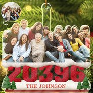Family,Custom Photo,Christmas - Custom Photo Family Sitting On Snow Zip Code - Personalized Custom Shaped Acrylic Ornament