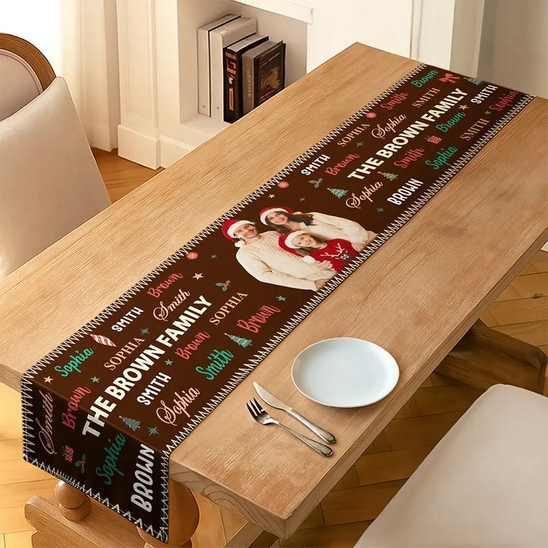 Sentimental,Christmas,Custom Photo,Family,Remove BG Photo - Custom Photo Family & Name Pattern Christmas Theme - Personalized Table Runner