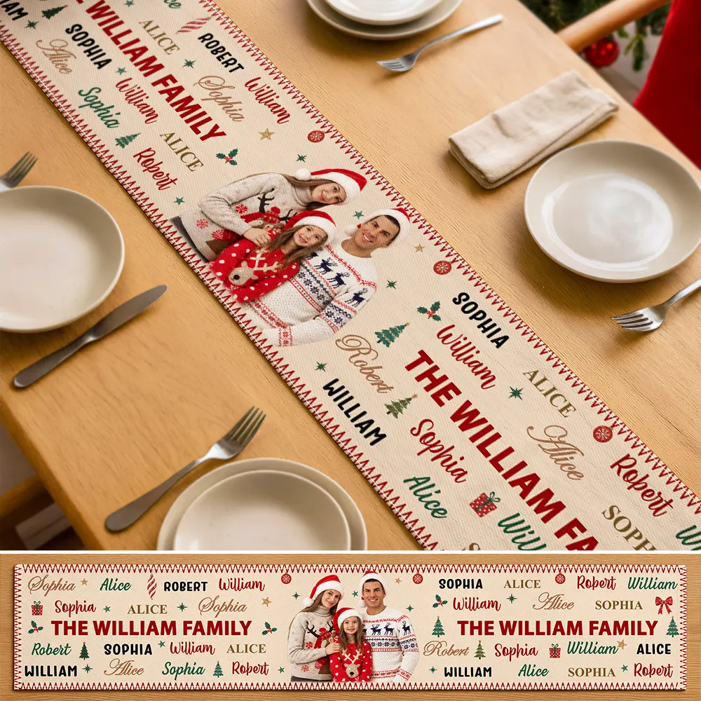 Sentimental,Christmas,Custom Photo,Family,Remove BG Photo - Custom Photo Family & Name Pattern Christmas Theme - Personalized Table Runner