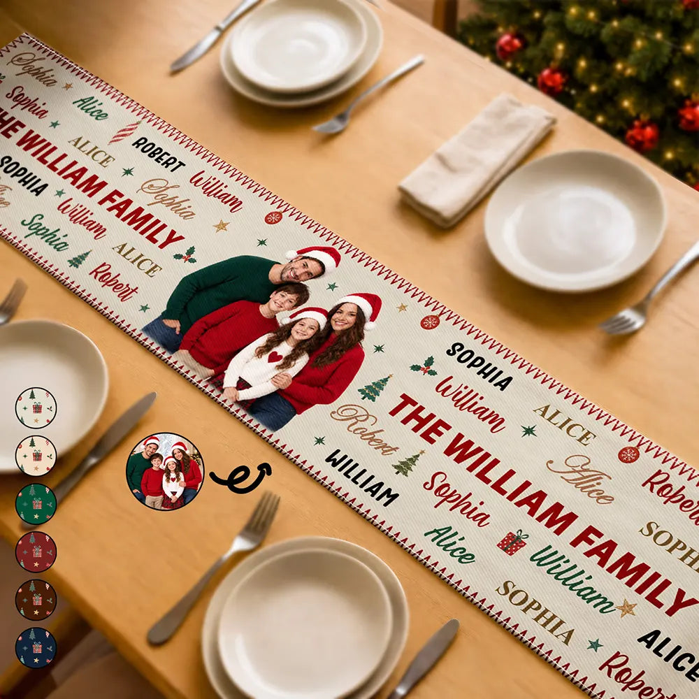 Sentimental,Christmas,Custom Photo,Family,Remove BG Photo - Custom Photo Family & Name Pattern Christmas Theme - Personalized Table Runner