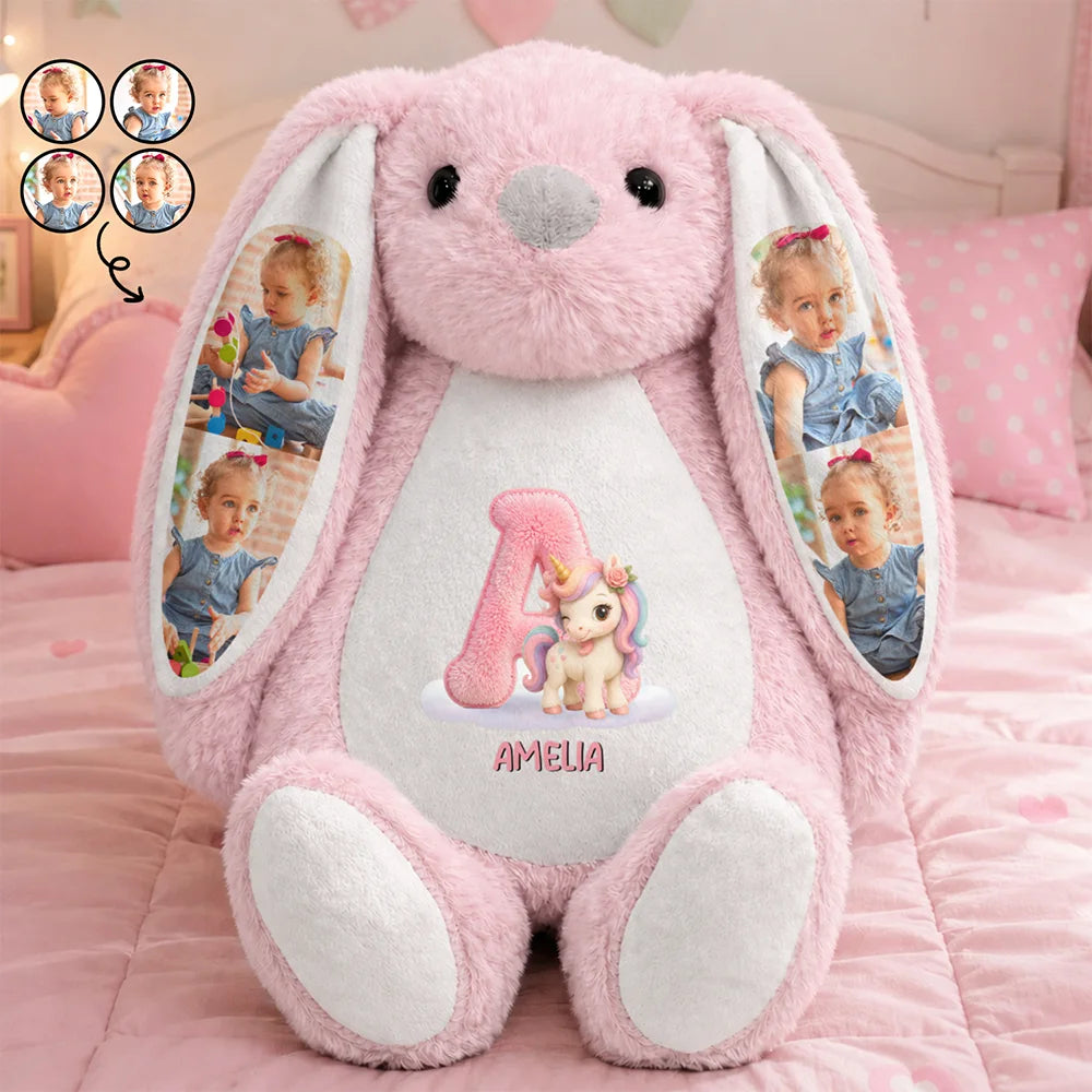 Custom Photo Faux Embroidery Effect Chenille Animal & Alphabet Letters - Personalized Soft Toy Bunny