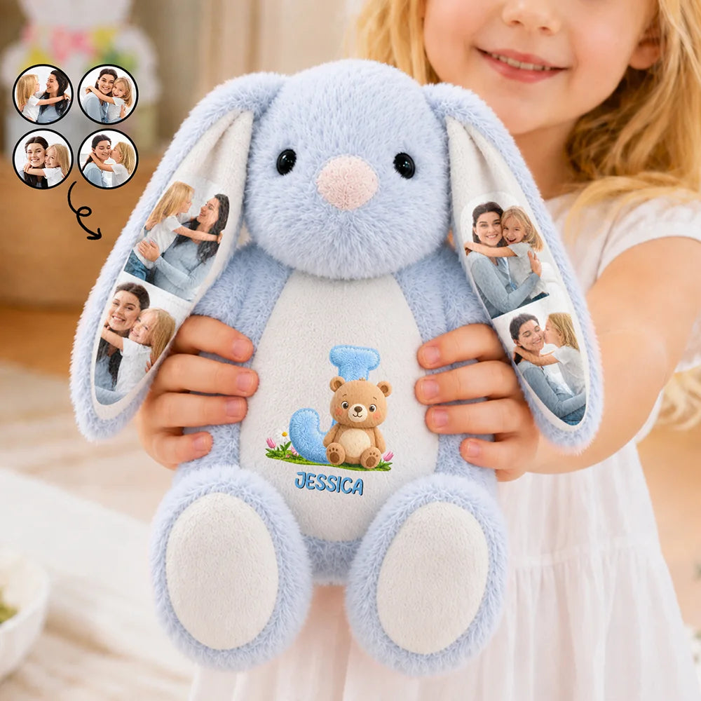 Adorable,Back To School,Gift For Kids,Icon,Photo Collage - Custom Photo Faux Embroidery Effect Chenille Animal & Alphabet Letters - Personalized Soft Toy Bunny