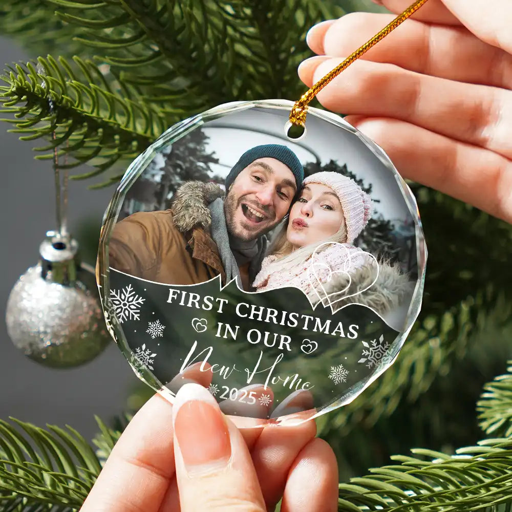 Custom Photo First Christmas As Husband And Wife - Personalized Circle Glass Ornament