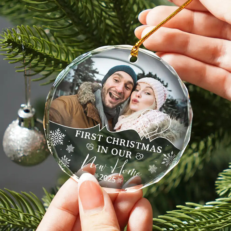 Custom Photo First Christmas As Husband And Wife - Personalized Circle Glass Ornament