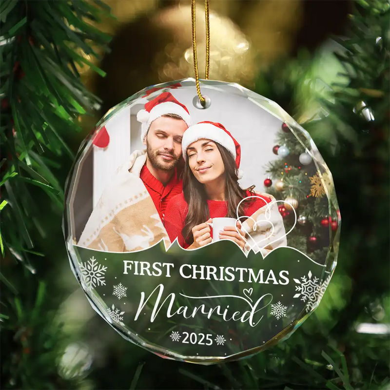 Custom Photo First Christmas As Husband And Wife - Personalized Circle Glass Ornament