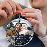 Custom Photo First Christmas As Husband And Wife - Personalized Circle Glass Ornament
