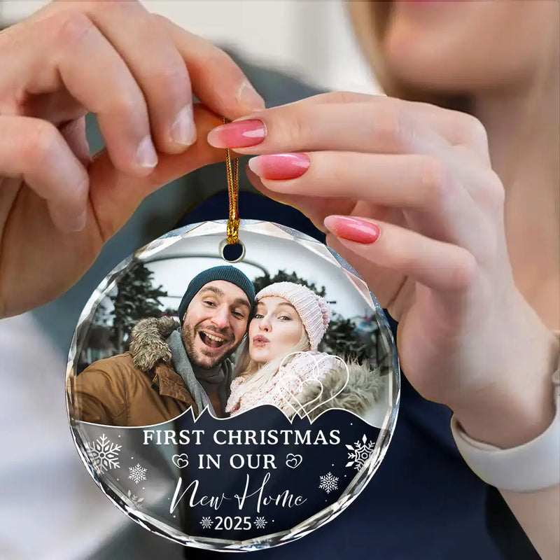 Custom Photo First Christmas As Husband And Wife - Personalized Circle Glass Ornament