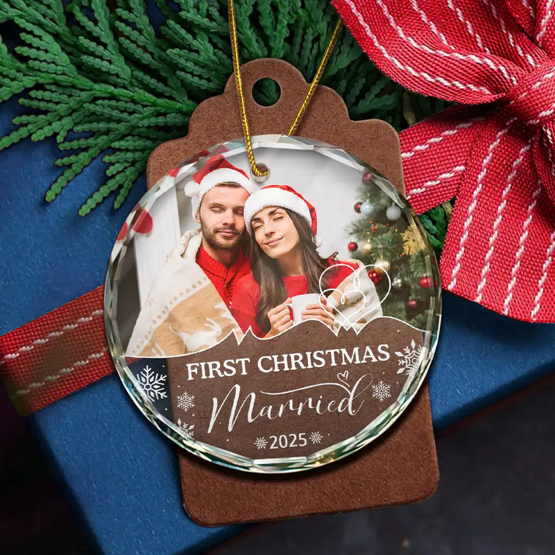 Custom Photo First Christmas As Husband And Wife - Personalized Circle Glass Ornament