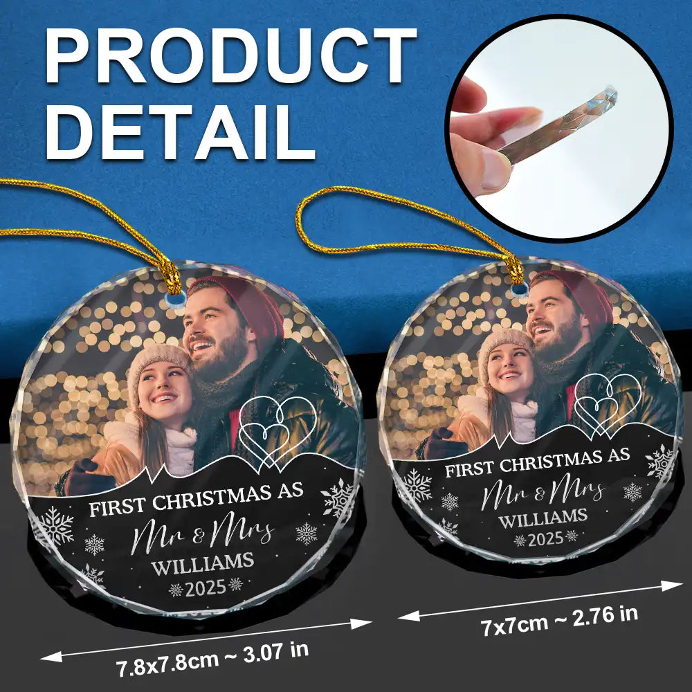 Custom Photo First Christmas As Husband And Wife - Personalized Circle Glass Ornament