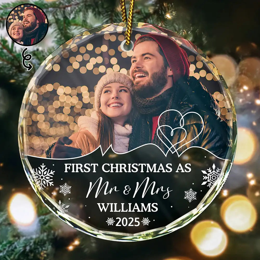 Custom Photo First Christmas As Husband And Wife - Personalized Circle Glass Ornament