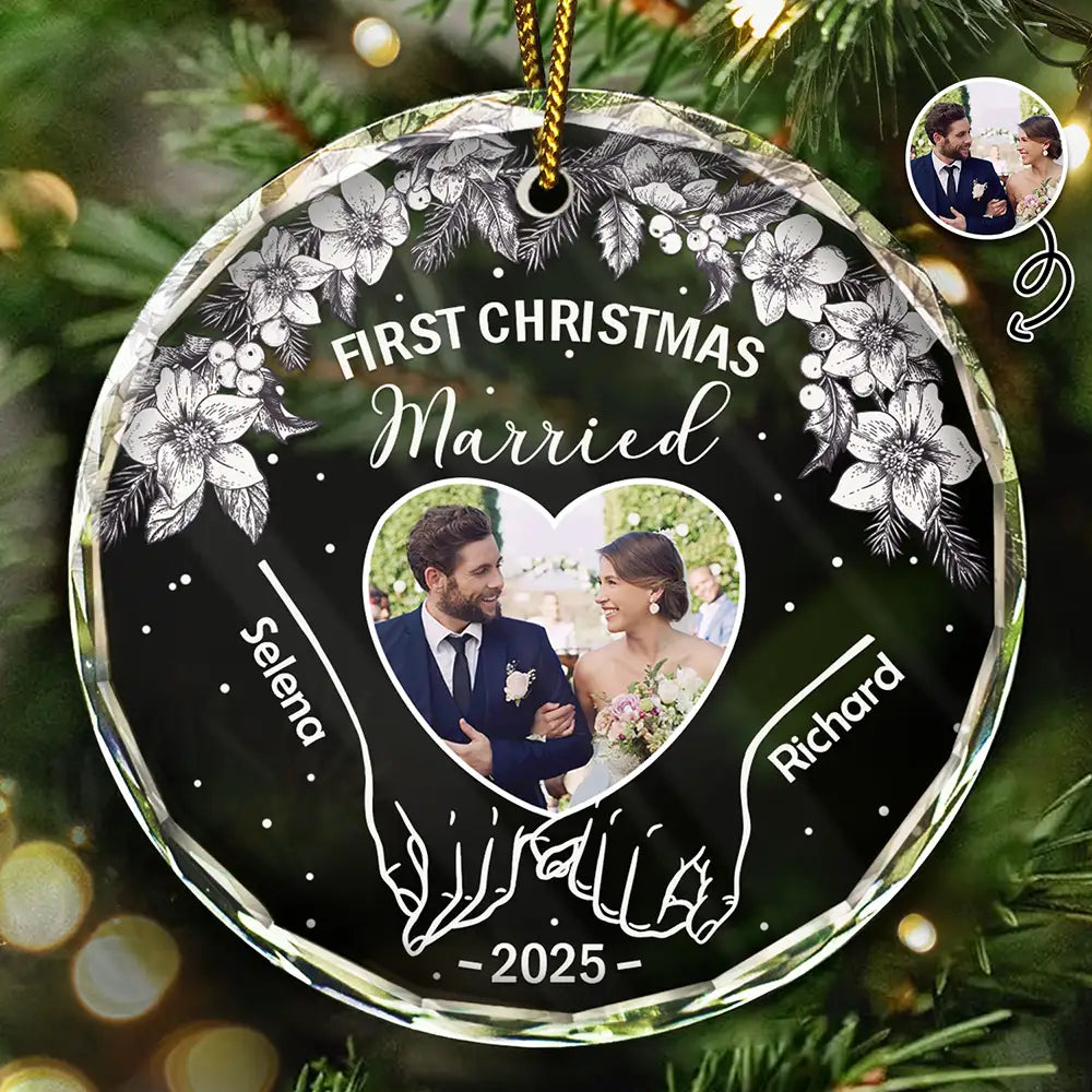 Custom Photo First Christmas As Mr & Mrs - Personalized Circle Glass Ornament