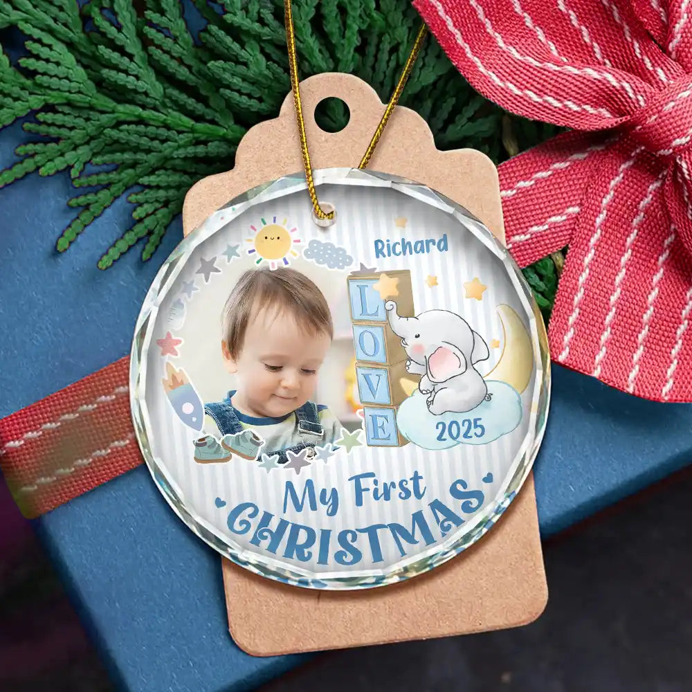 Custom Photo First Christmas Elephant Star - Personalized Circle Glass Ornament