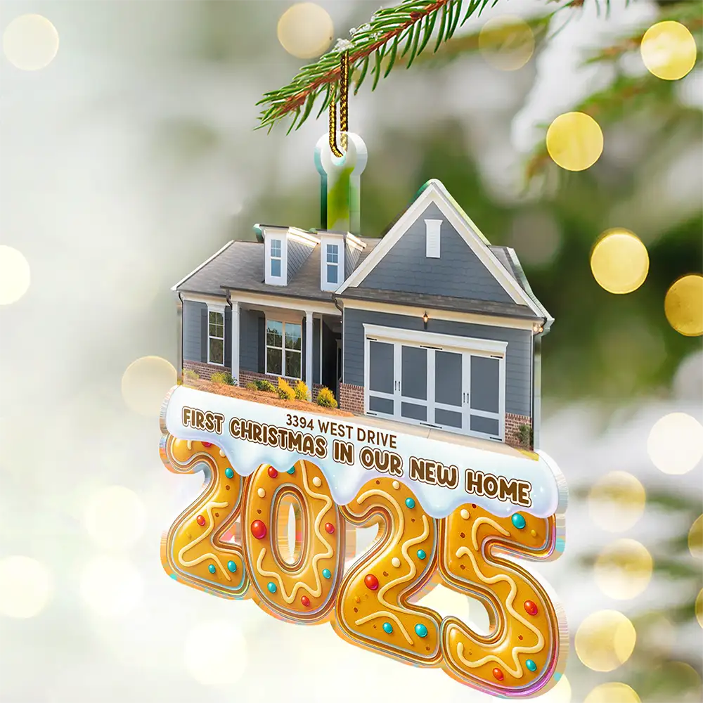 Happy,Custom Photo,Christmas,Family - Custom Photo First Christmas In Our New Home Gingerbread - Personalized Custom Shaped Acrylic Ornament