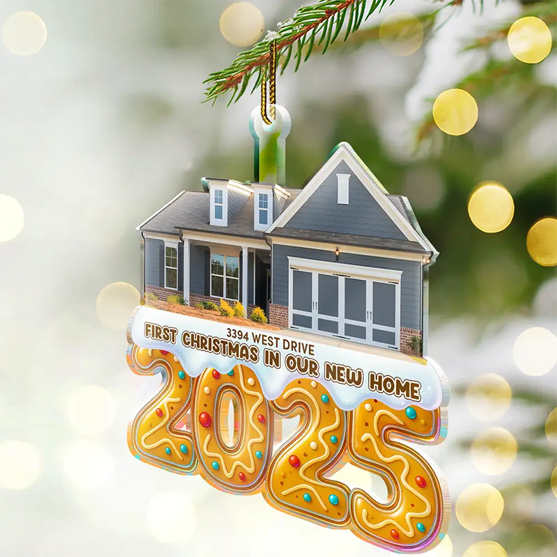 Happy,Custom Photo,Christmas,Family - Custom Photo First Christmas In Our New Home Gingerbread - Personalized Custom Shaped Acrylic Ornament