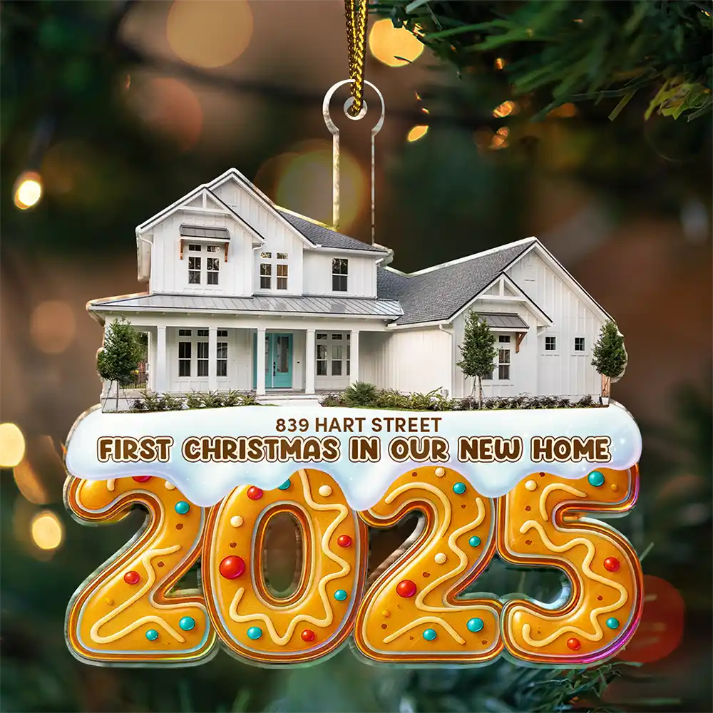 Happy,Custom Photo,Christmas,Family - Custom Photo First Christmas In Our New Home Gingerbread - Personalized Custom Shaped Acrylic Ornament