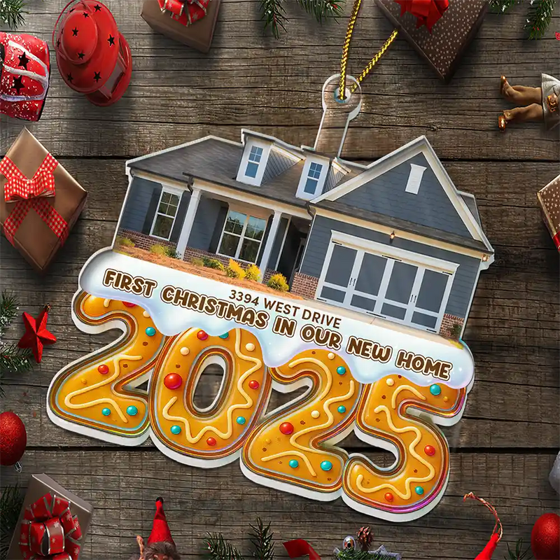 Happy,Custom Photo,Christmas,Family - Custom Photo First Christmas In Our New Home Gingerbread - Personalized Custom Shaped Acrylic Ornament