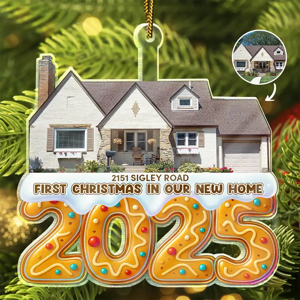 Happy,Custom Photo,Christmas,Family - Custom Photo First Christmas In Our New Home Gingerbread - Personalized Custom Shaped Acrylic Ornament