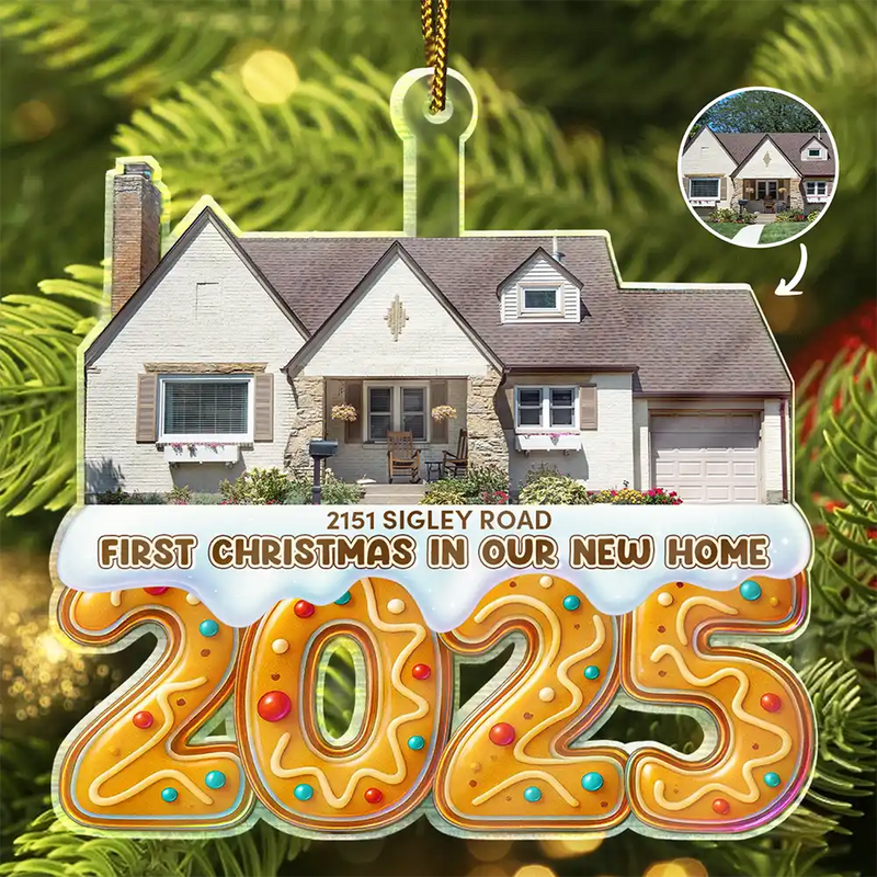 Happy,Custom Photo,Christmas,Family - Custom Photo First Christmas In Our New Home Gingerbread - Personalized Custom Shaped Acrylic Ornament