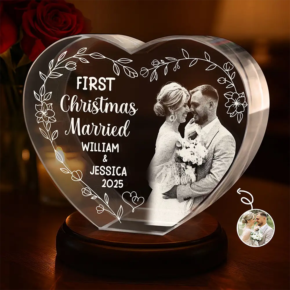 Gift For Couples,Gift For Husband,Gift For Wife,Love,Christmas - Custom Photo First Christmas Married - Personalized Crystal Heart