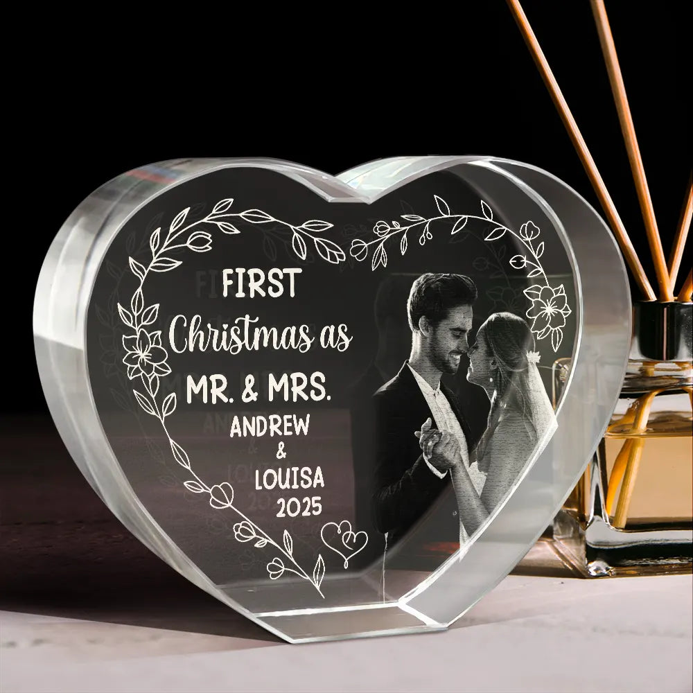 Gift For Couples,Gift For Husband,Gift For Wife,Love,Christmas - Custom Photo First Christmas Married - Personalized Crystal Heart