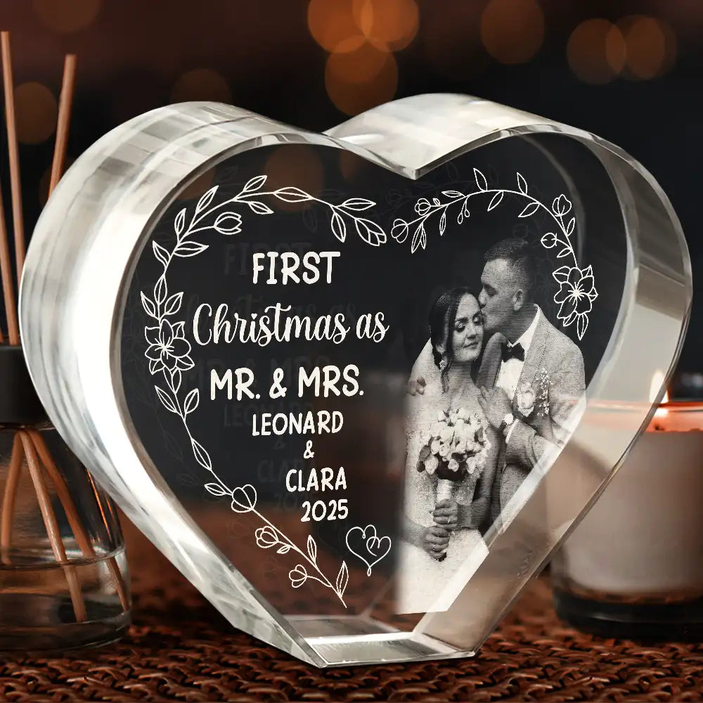 Gift For Couples,Gift For Husband,Gift For Wife,Love,Christmas - Custom Photo First Christmas Married - Personalized Crystal Heart