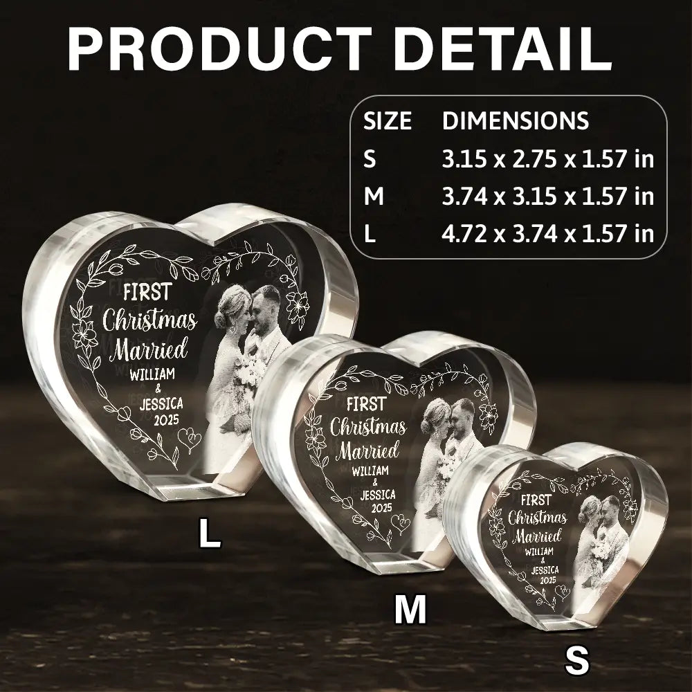 Gift For Couples,Gift For Husband,Gift For Wife,Love,Christmas - Custom Photo First Christmas Married - Personalized Crystal Heart