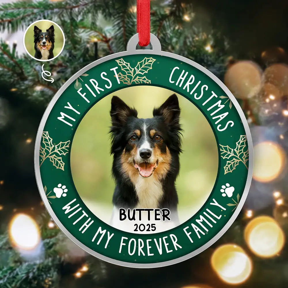 Pet Lovers,Custom Photo,Christmas,Happy - Custom Photo First Christmas Pet Lovers - Personalized Metal Ornament