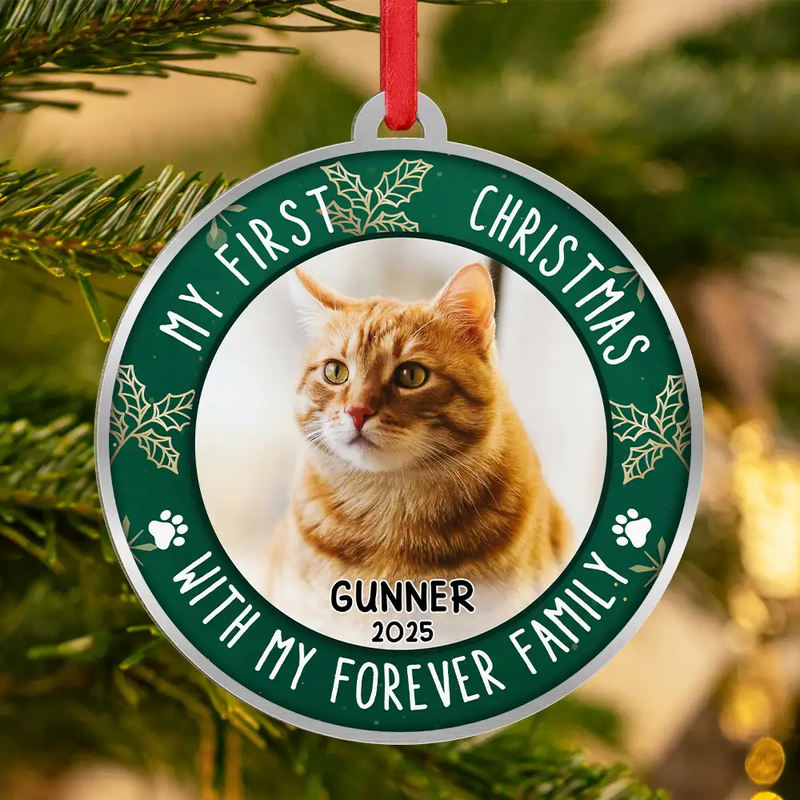 Pet Lovers,Custom Photo,Christmas,Happy - Custom Photo First Christmas Pet Lovers - Personalized Metal Ornament