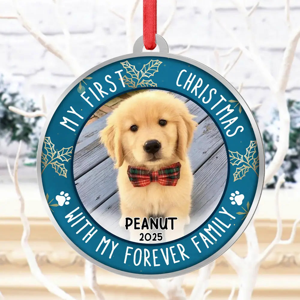 Pet Lovers,Custom Photo,Christmas,Happy - Custom Photo First Christmas Pet Lovers - Personalized Metal Ornament