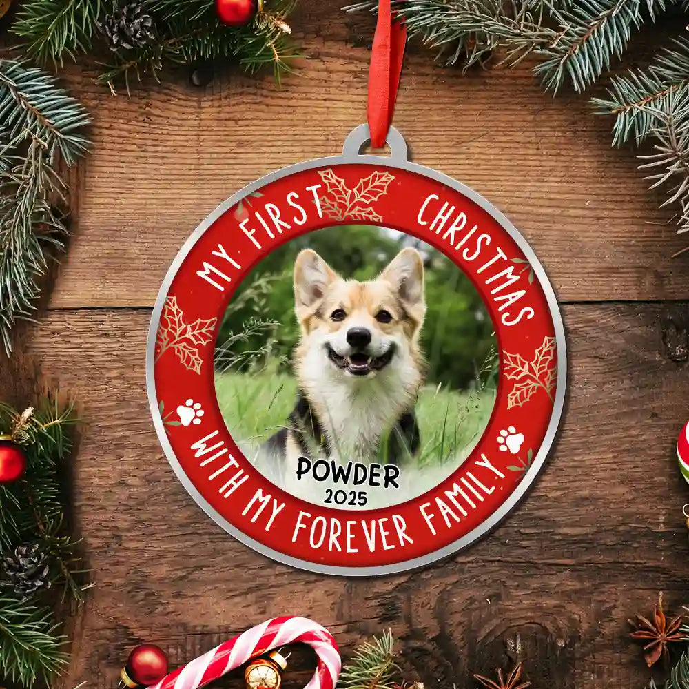 Pet Lovers,Custom Photo,Christmas,Happy - Custom Photo First Christmas Pet Lovers - Personalized Metal Ornament