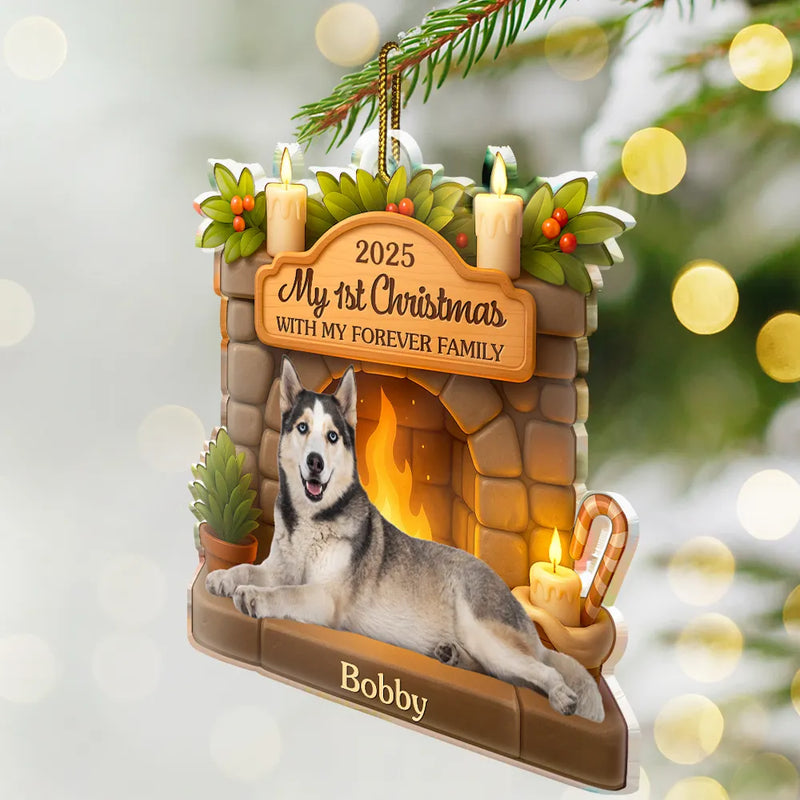 Pet Lovers,Pet Mom,Pet Dad,Pet Couple,Dog Lovers,Dog Mom,Dog Dad,Dog Couple,Cat Lovers,Cat Mom,Cat Dad,Cat Couple,Gift For Women,Gift For Men,Happy,Christmas - Custom Photo First Christmas With My Forever Family - Personalized Custom Shaped Acrylic Ornament