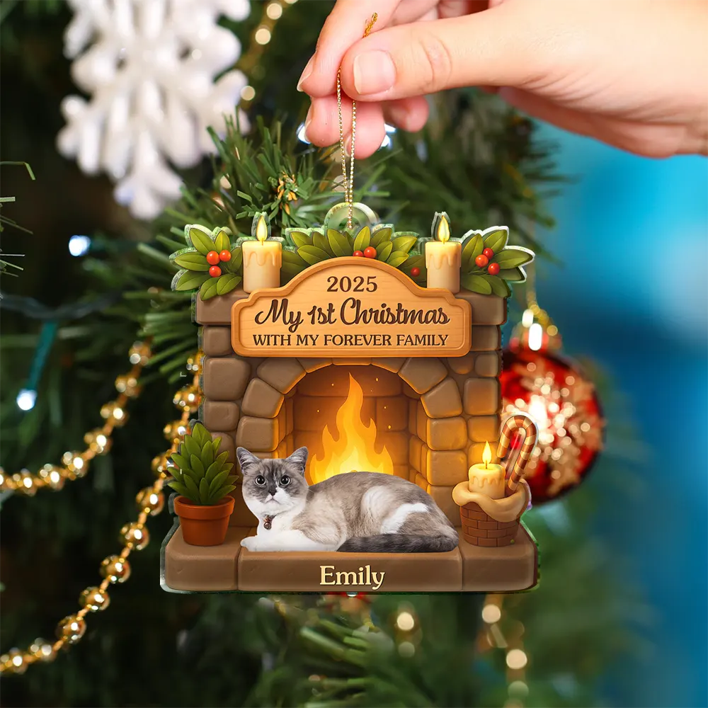Pet Lovers,Pet Mom,Pet Dad,Pet Couple,Dog Lovers,Dog Mom,Dog Dad,Dog Couple,Cat Lovers,Cat Mom,Cat Dad,Cat Couple,Gift For Women,Gift For Men,Happy,Christmas - Custom Photo First Christmas With My Forever Family - Personalized Custom Shaped Acrylic Ornament