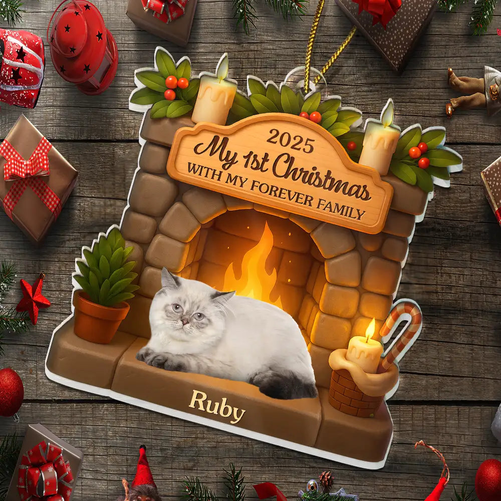 Pet Lovers,Pet Mom,Pet Dad,Pet Couple,Dog Lovers,Dog Mom,Dog Dad,Dog Couple,Cat Lovers,Cat Mom,Cat Dad,Cat Couple,Gift For Women,Gift For Men,Happy,Christmas - Custom Photo First Christmas With My Forever Family - Personalized Custom Shaped Acrylic Ornament