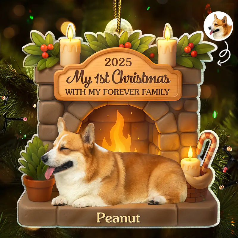 Pet Lovers,Pet Mom,Pet Dad,Pet Couple,Dog Lovers,Dog Mom,Dog Dad,Dog Couple,Cat Lovers,Cat Mom,Cat Dad,Cat Couple,Gift For Women,Gift For Men,Happy,Christmas - Custom Photo First Christmas With My Forever Family - Personalized Custom Shaped Acrylic Ornament