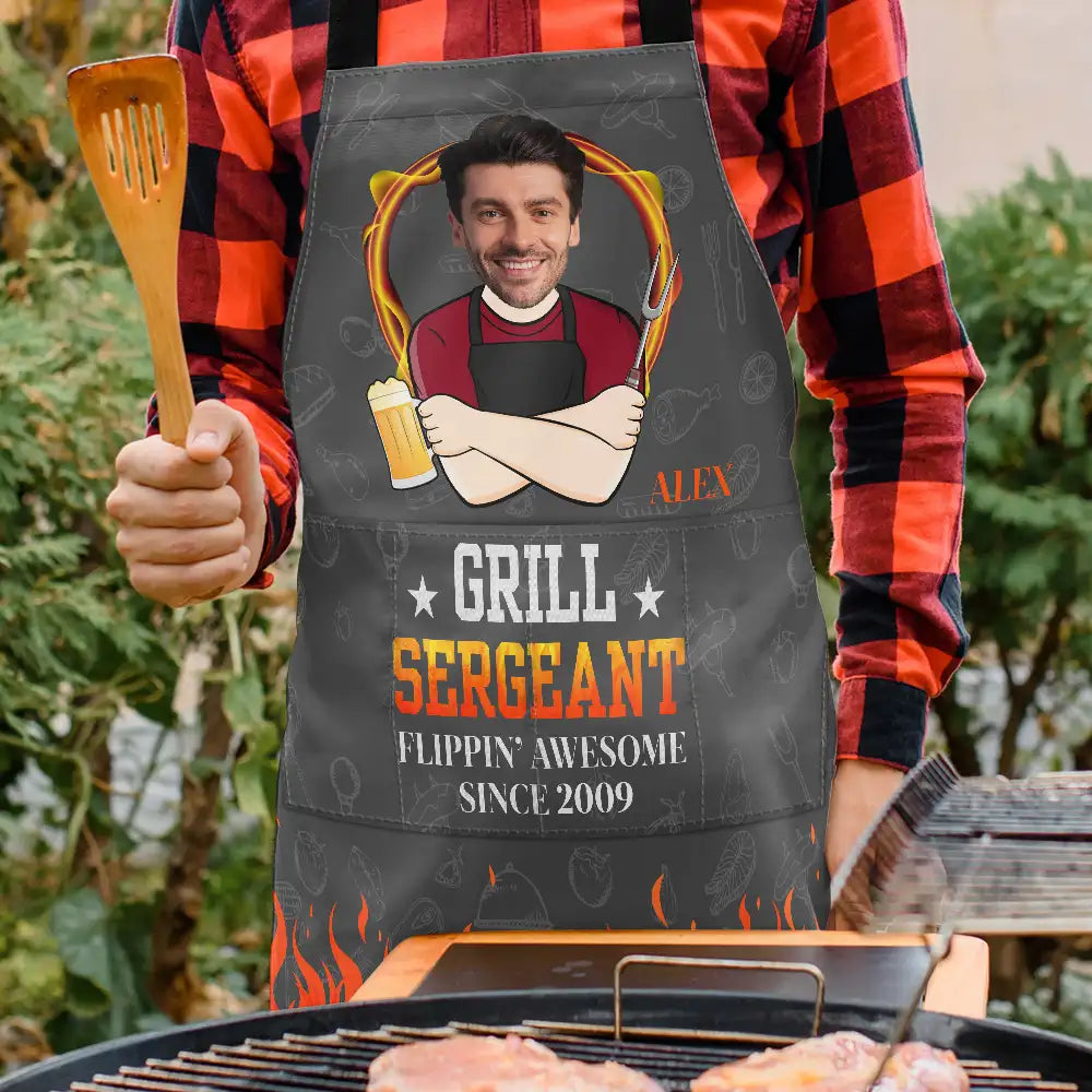 Grilling, Dad's Hobby, Gift For Father, Gift For Grandpa, Custom Photo, Funny - Custom Photo Flippin' Awesome Cooking - Personalized Apron