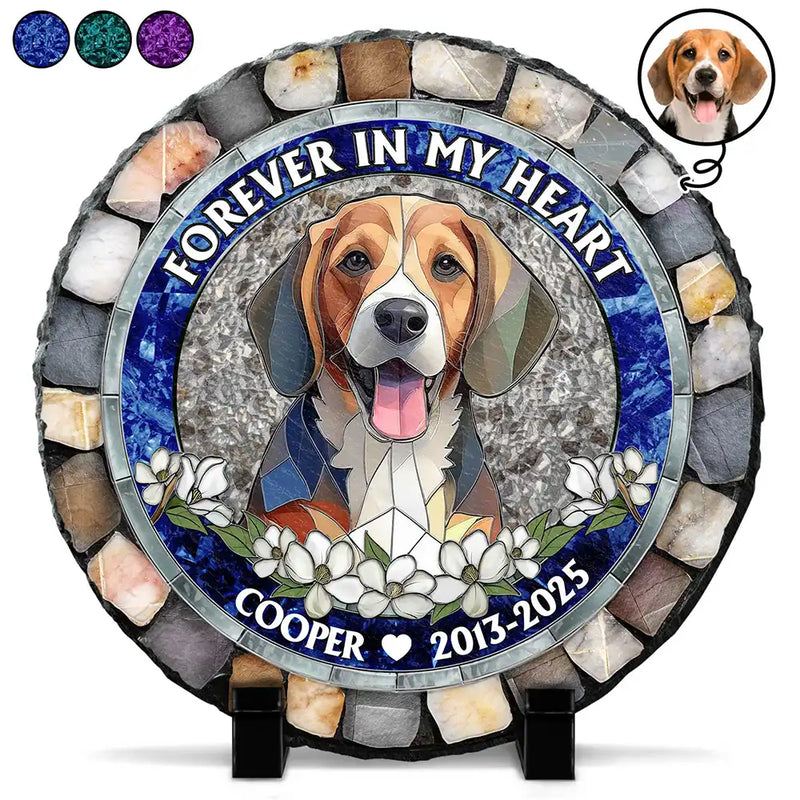 Memorial,Custom Photo,Pet Lovers,Dog Lovers,Cat Lovers - Custom Photo Forever In My Heart - 3D Mosaic Faux Stained Glass Effect Printed, Personalized Circle Memorial Garden Stone
