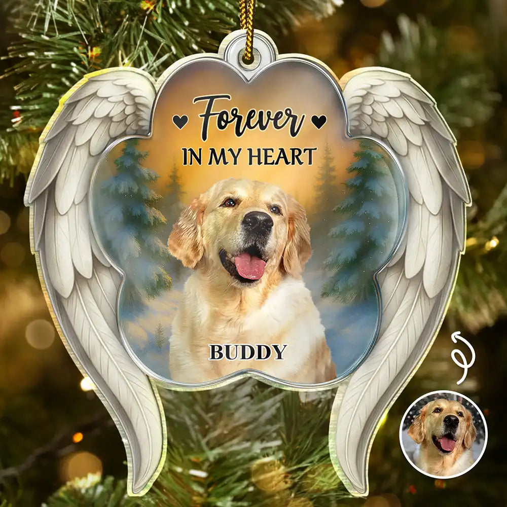 Custom Photo Forever In My Heart Paw Angel Wings - Personalized Custom Shaped Acrylic Ornament