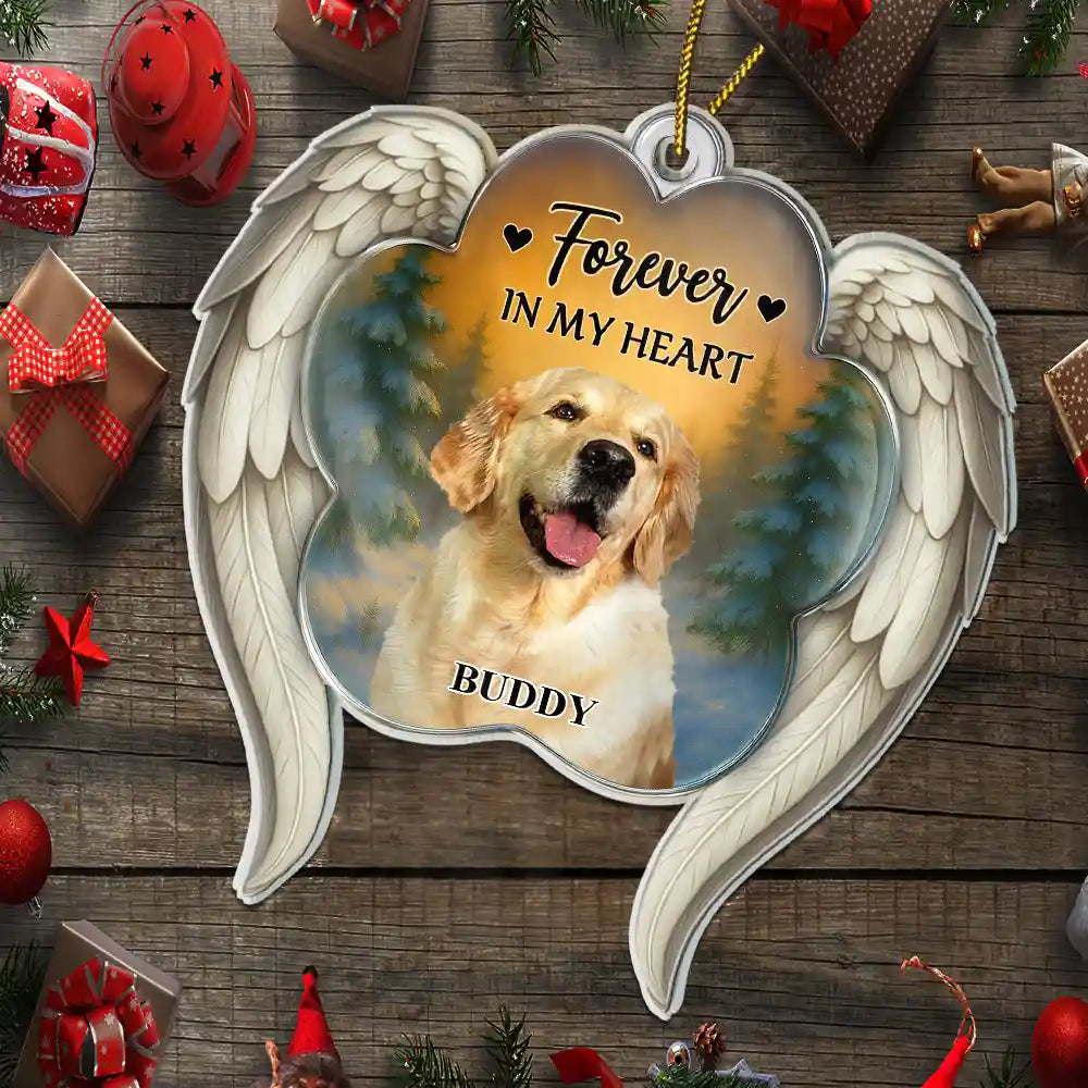 Christmas,Pet Lovers,Memorial - Custom Photo Forever In My Heart Paw Angel Wings - Personalized Custom Shaped Acrylic Ornament