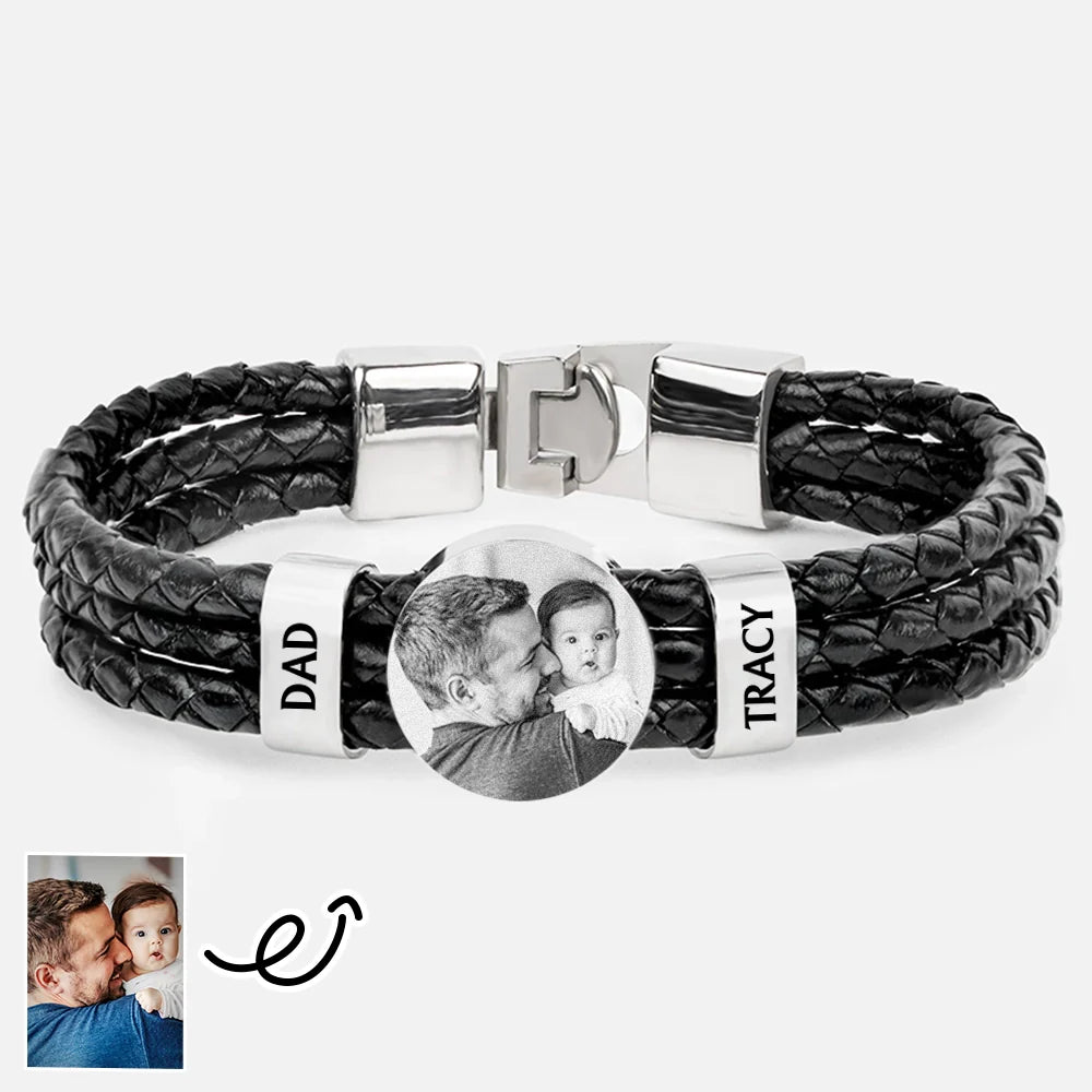 Custom Photo Forever Love Dad Mom Children Family - Personalized Leather Braided Bracelet