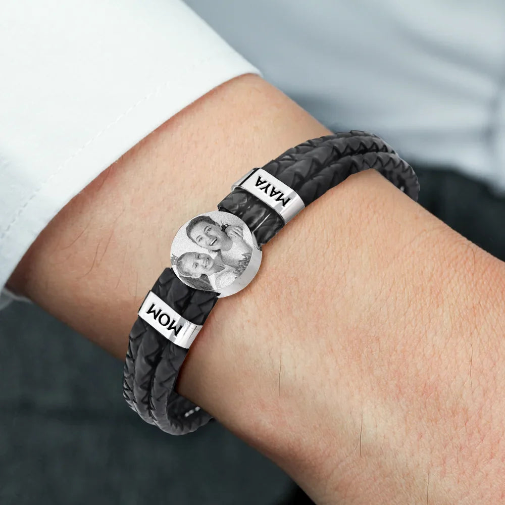 Gift For Father, Parents, Gift For Mother, New Dad, Happy, Gift For Husband - Custom Photo Forever Love Dad Mom Children Family - Personalized Leather Braided Bracelet