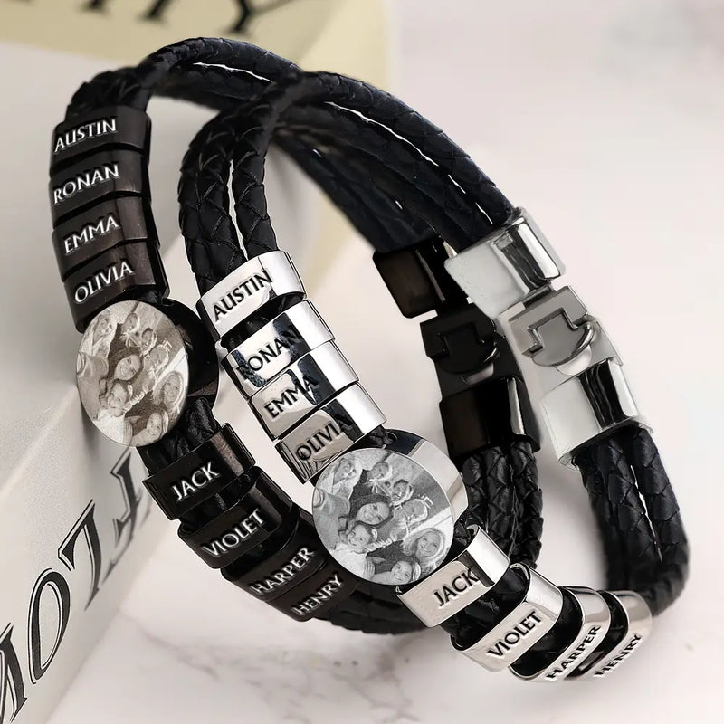 Gift For Father, Parents, Gift For Mother, New Dad, Happy, Gift For Husband - Custom Photo Forever Love Dad Mom Children Family - Personalized Leather Braided Bracelet