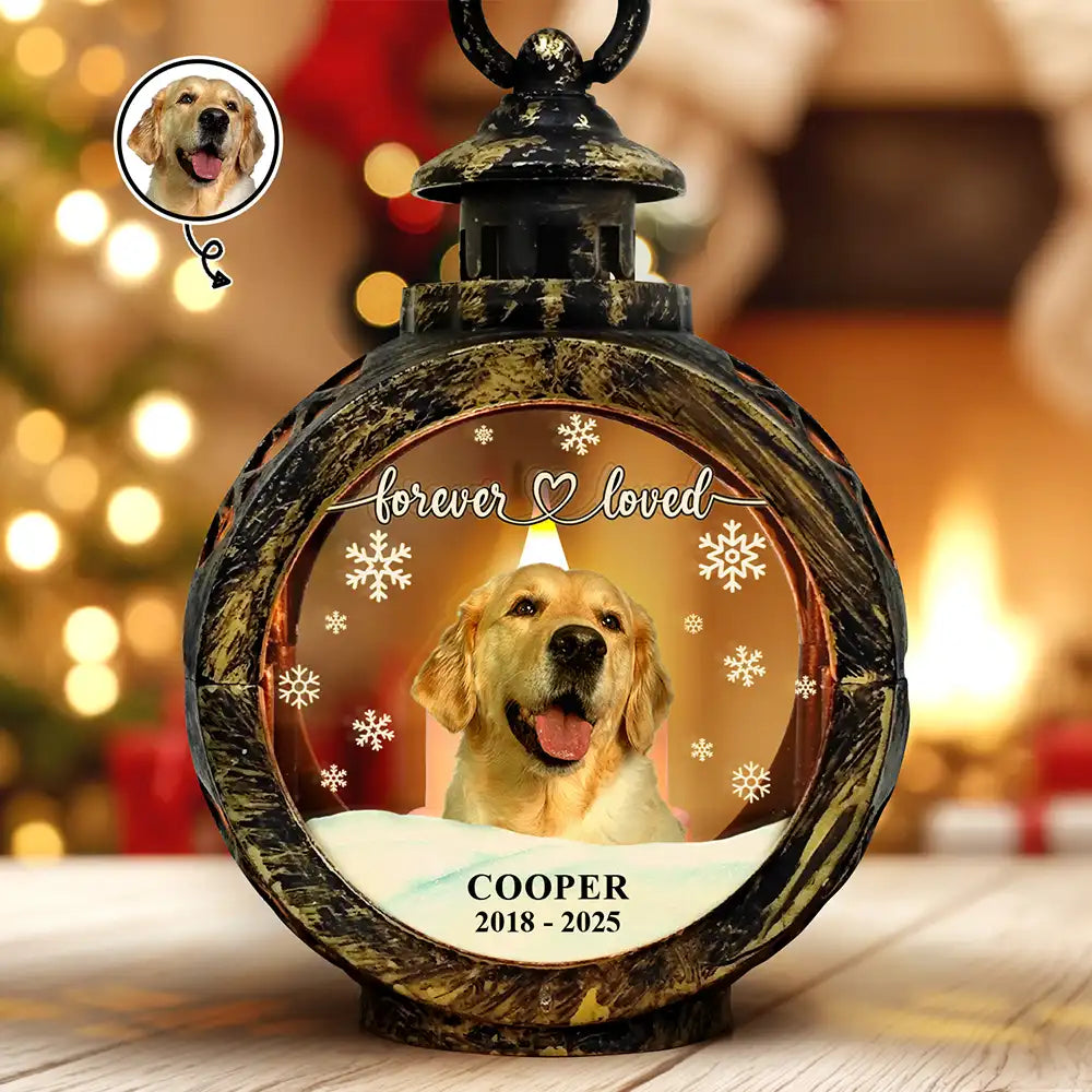 Sad,Memorial,Dog Lovers,Pet Lovers,Cat Lovers,Christmas - Custom Photo Forever Loved Memorial Dog Cat - Personalized Candlelight Lantern Ornament