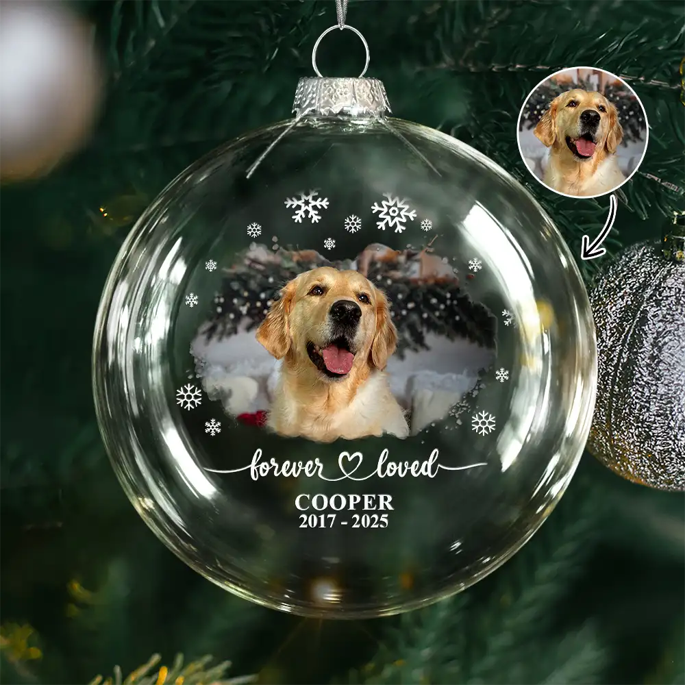 Sad, Memorial, Christmas, Dog Lovers, Pet Lovers, Cat Lovers - Custom Photo Forever Loved Memorial Dog Cat - Personalized Clear Flat Ball Ornament