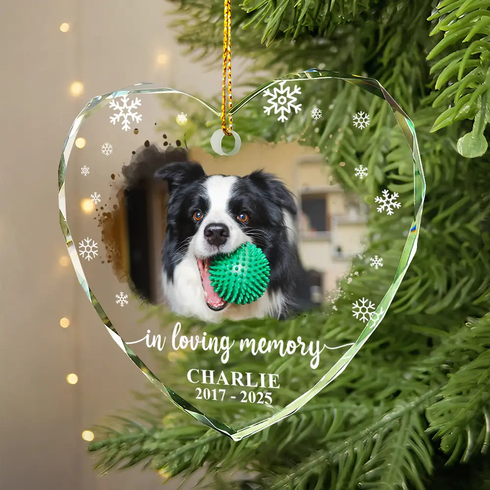 Sad,Memorial,Dog Lovers,Pet Lovers,Cat Lovers,Christmas - Custom Photo Forever Loved Memorial Dog Cat - Personalized Heart Shaped Glass Ornament