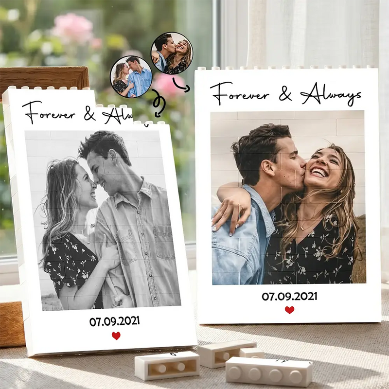 Custom Photo, Gift For Couples, Top Market, Romantic, Dynamic Photo - Custom Photo Forever & Always Couple Anniversary - Personalized Building Brick Blocks