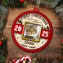 Pet Lovers,Pet Mom,Pet Dad,Dog Lovers,Dog Mom,Dog Dad,Cat Lovers,Cat Mom,Cat Dad,Christmas,Love - Custom Photo Frame First Christmas Dog Cat - Personalized 2-Layered Wooden Ornament
