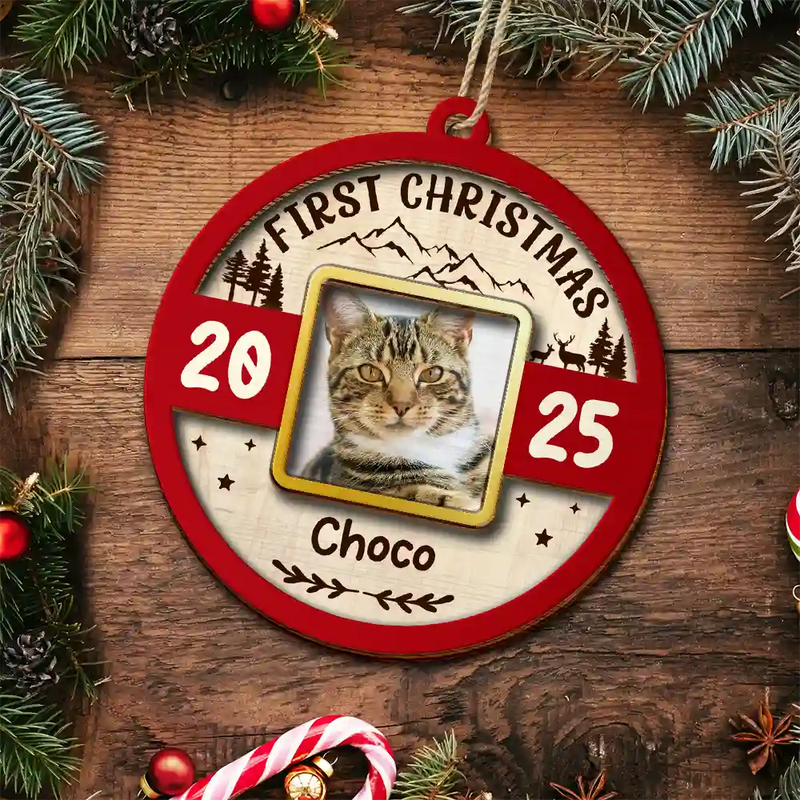 Pet Lovers,Pet Mom,Pet Dad,Dog Lovers,Dog Mom,Dog Dad,Cat Lovers,Cat Mom,Cat Dad,Christmas,Love - Custom Photo Frame First Christmas Dog Cat - Personalized 2-Layered Wooden Ornament